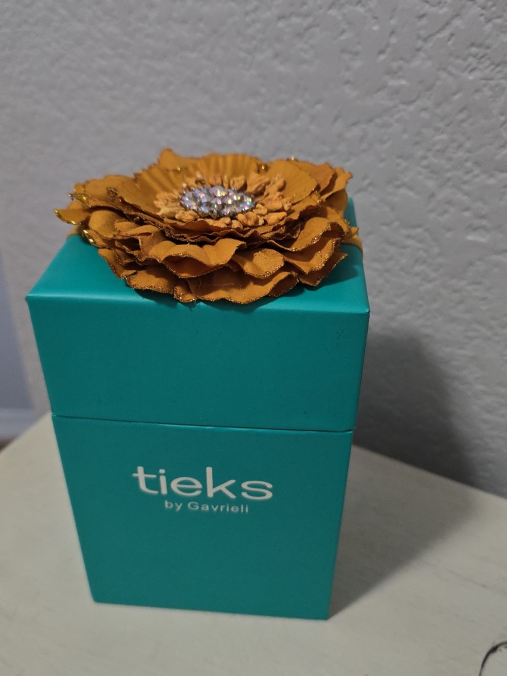 Tieks Teal Box with Golden Flower Topper